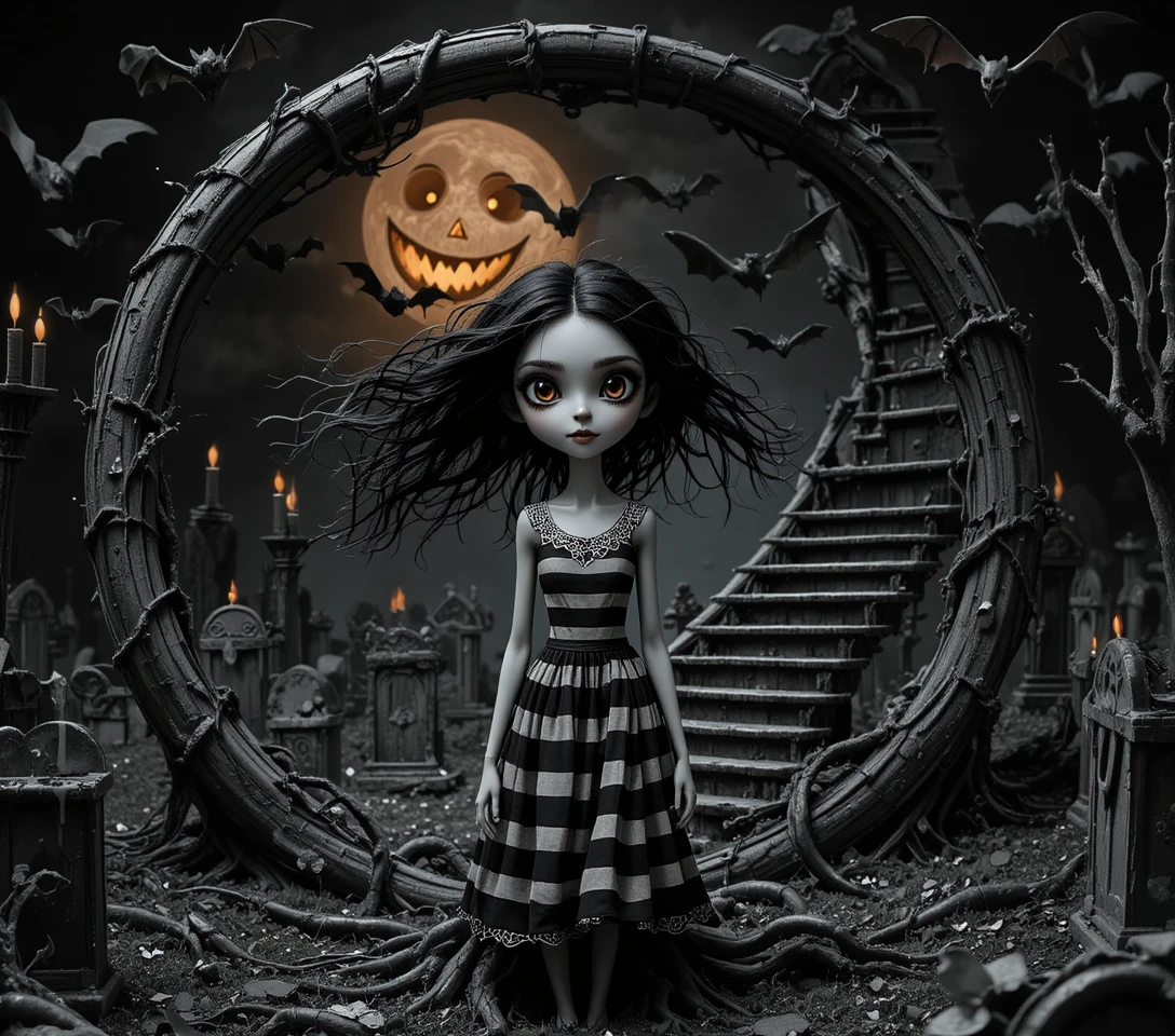 Gothic girl in a crescent moon graveyard at night