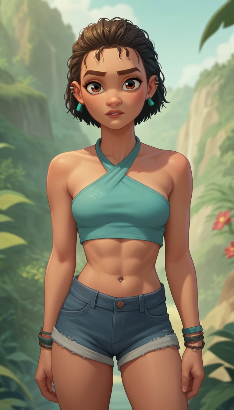 Confident anime woman in casual revealing summer outfit