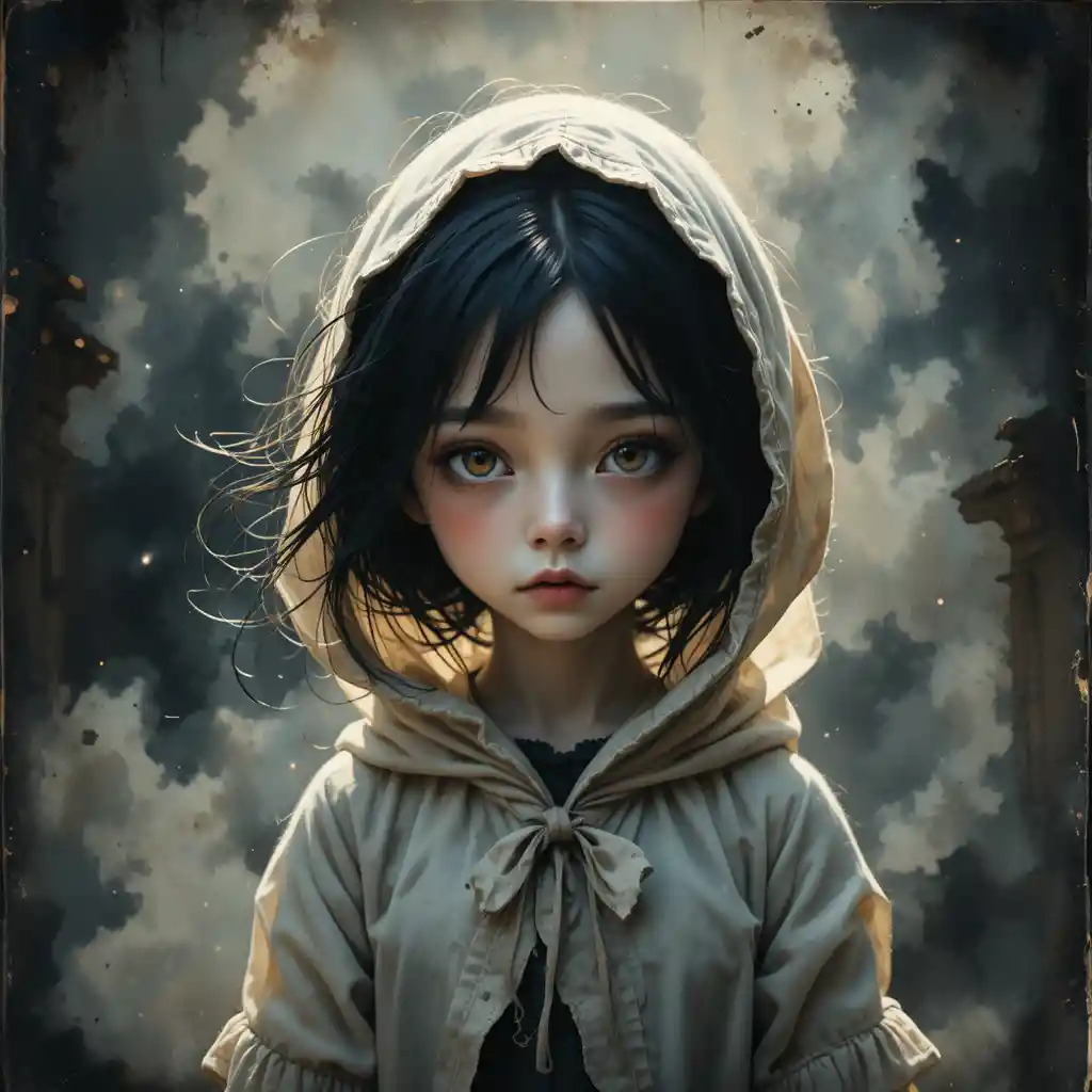 Gothic anime girl in a ghostly hood with golden eyes