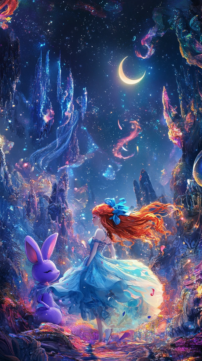 Whimsical woman and rabbit in a dreamy starry sky