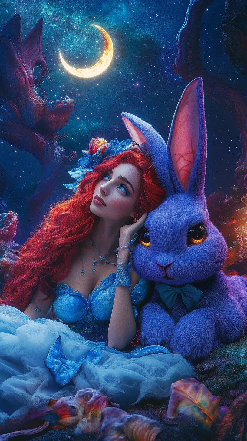 Fantasy woman resting beside a purple rabbit at night