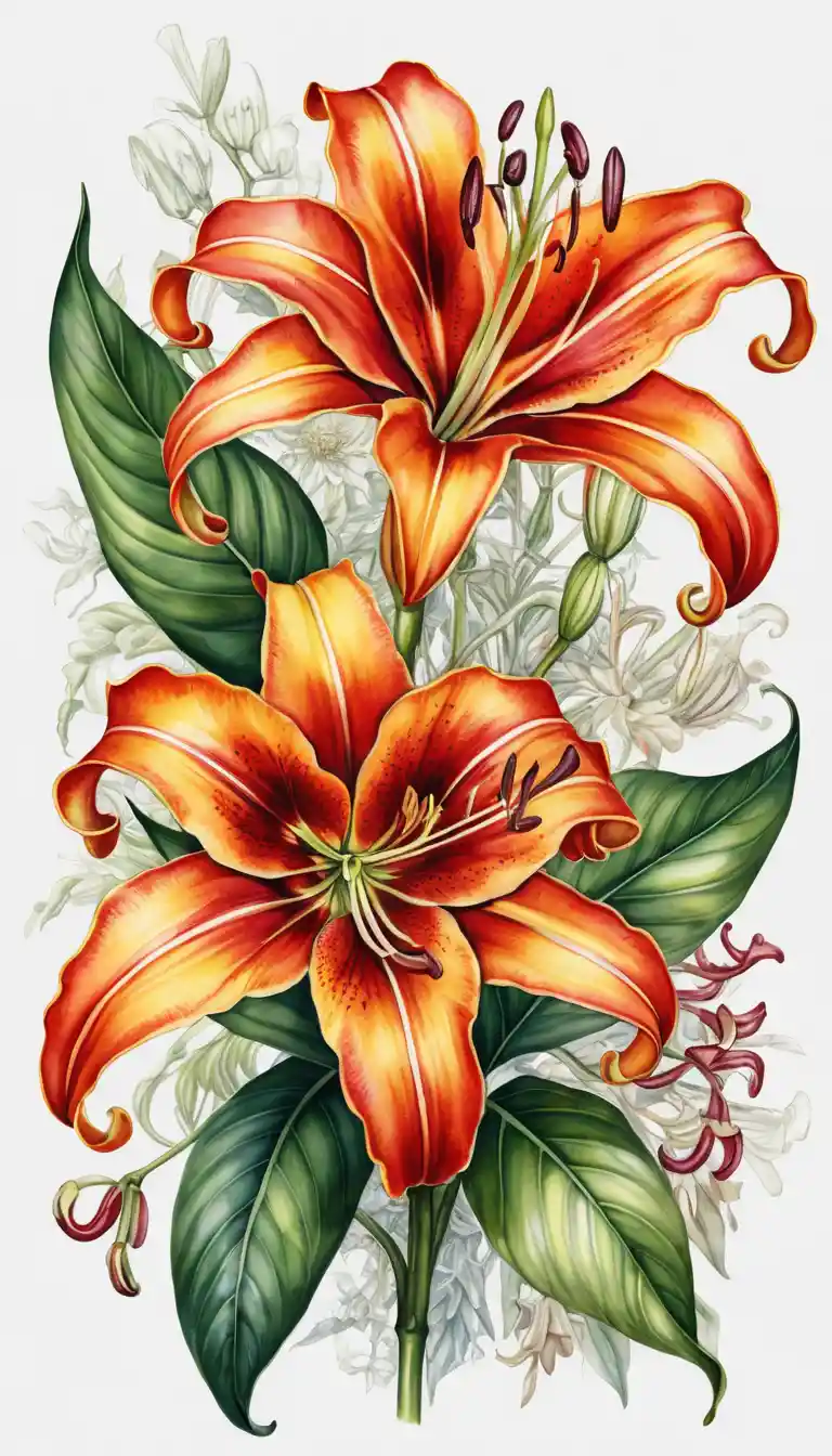 Graphic flyer with watercolor illustration of gloriosa lily flowers