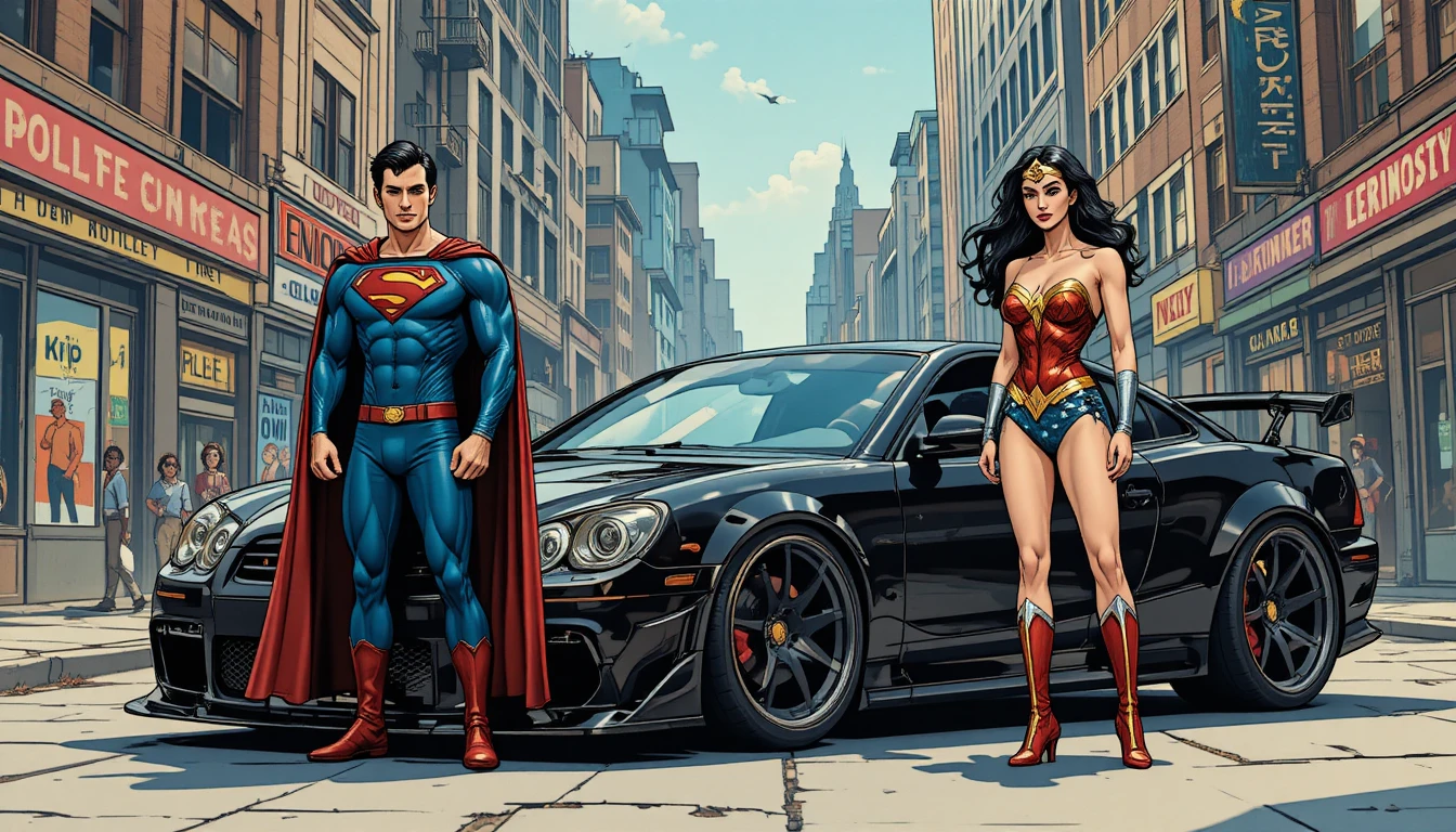 Superhero trio in West Coast rapper outfits in city streets