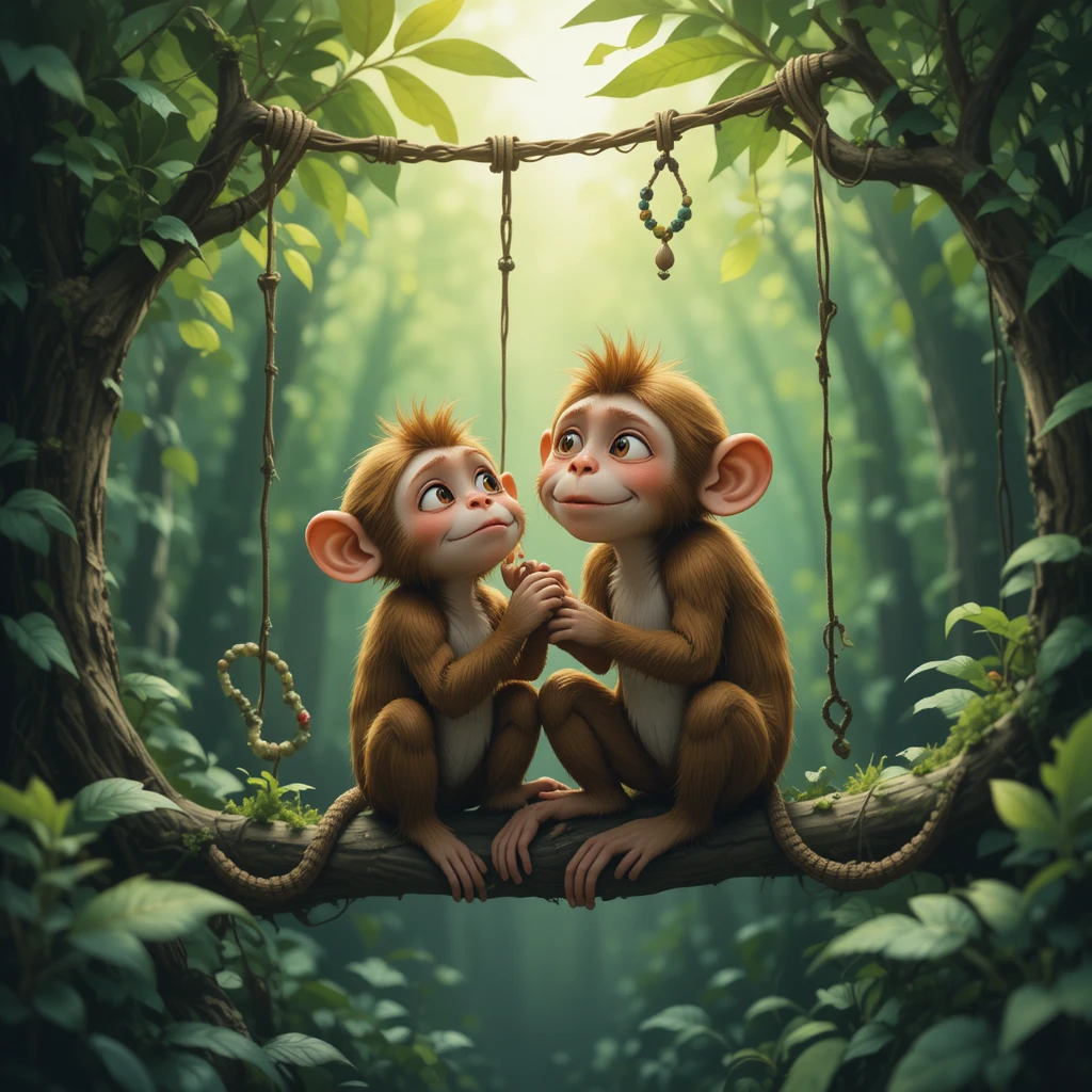 Two monkeys playing together in a green forest