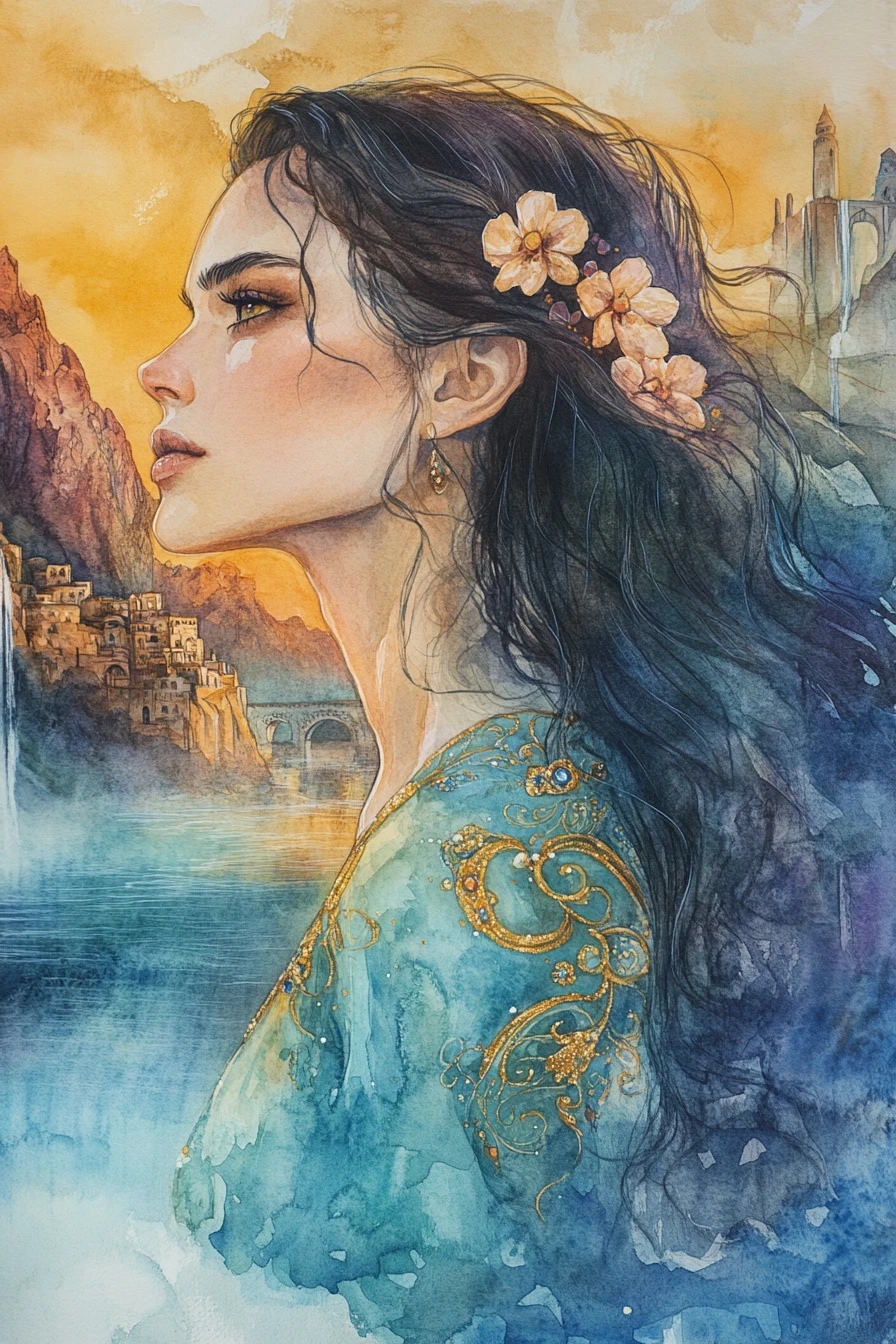 Watercolor portrait of a woman in a flowing turquoise dress