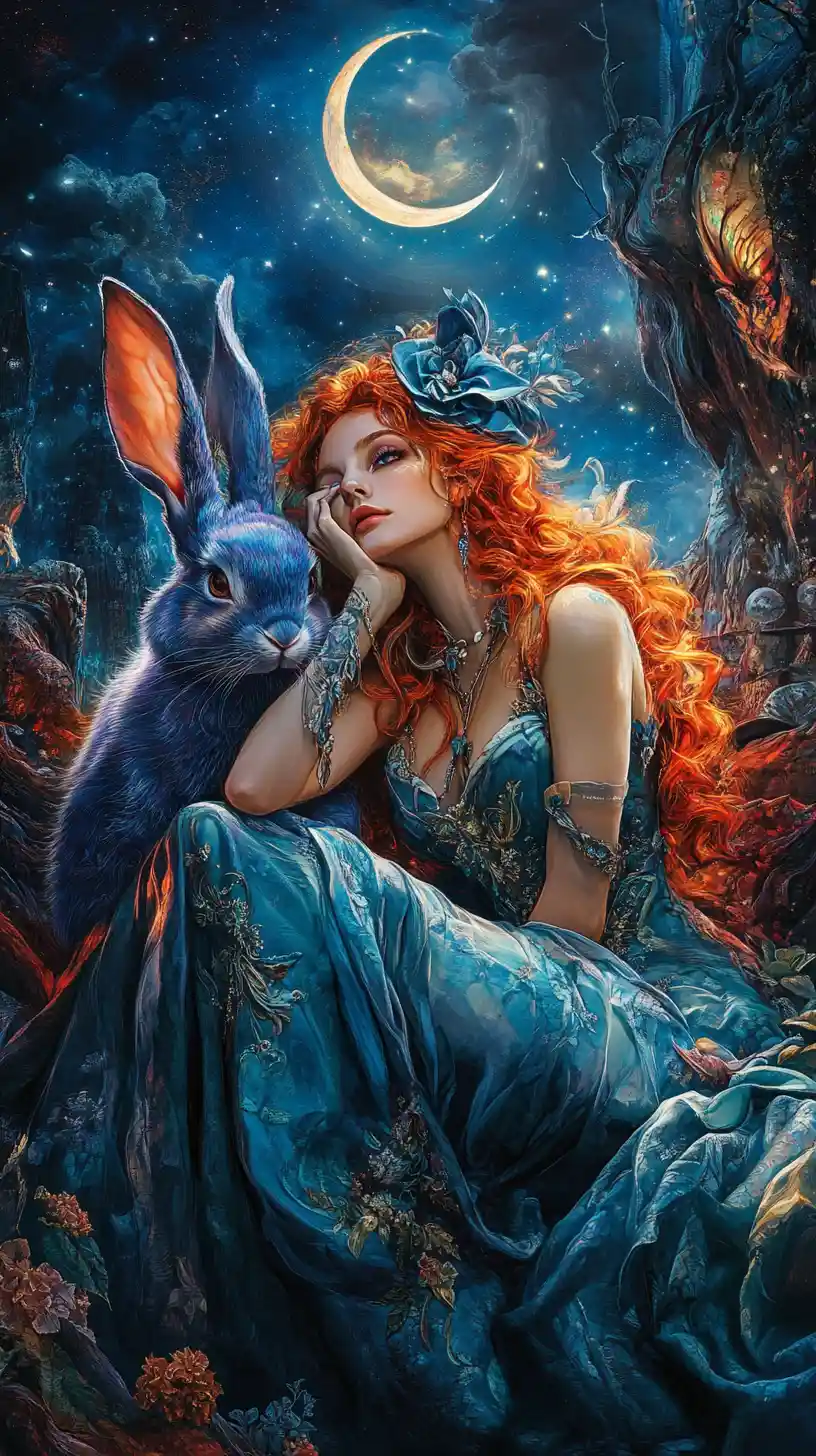 Mystical Red Haired Woman Resting Beside A Purple Rabbit