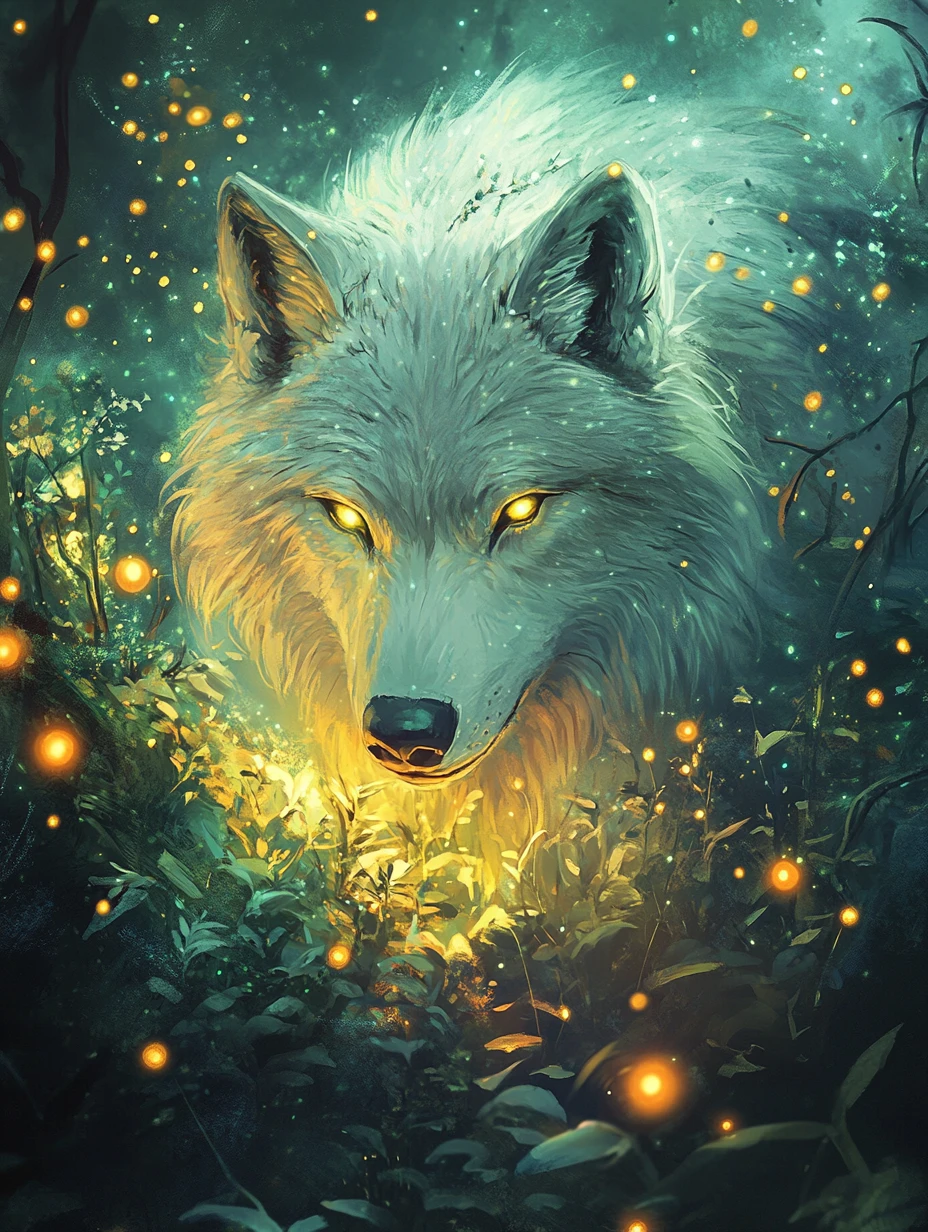 Majestic White Wolf In Glowing Bioluminescent Fantasy Valley