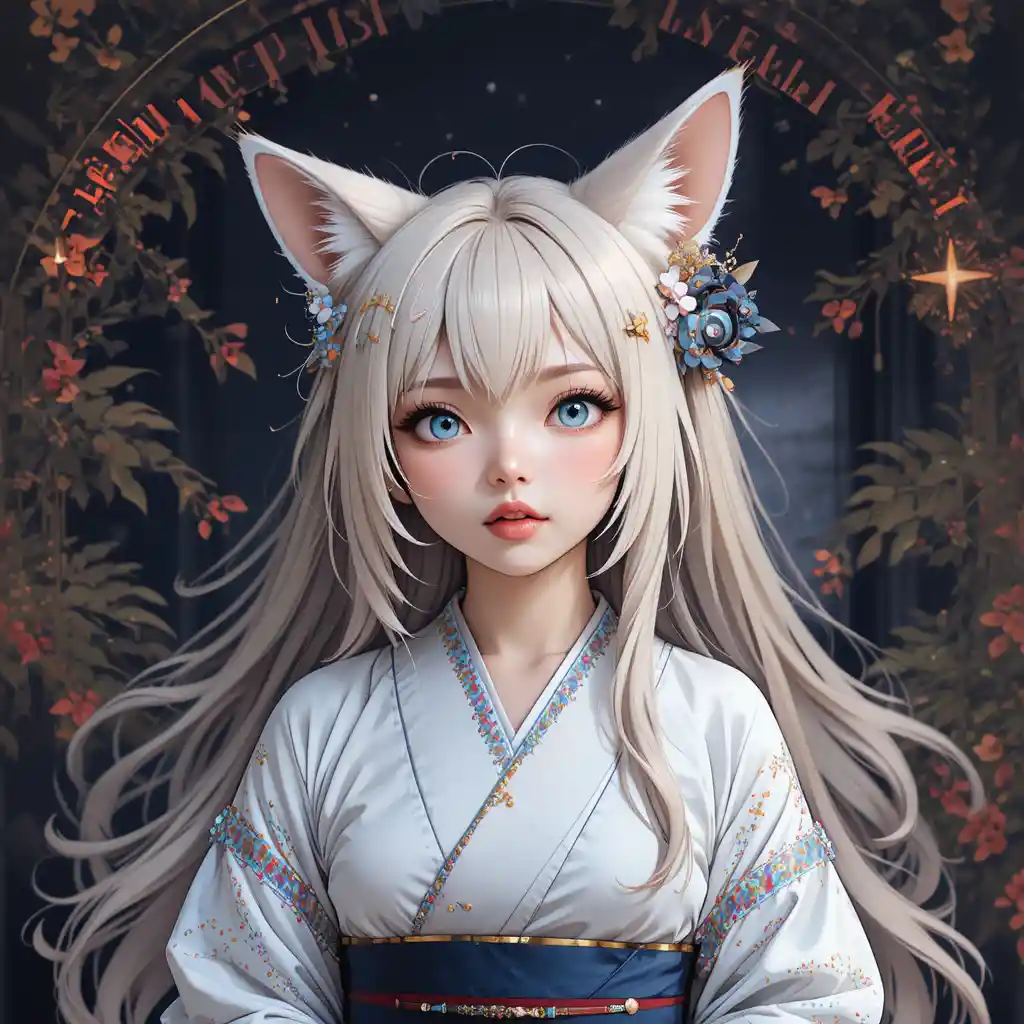 Smiling fox girl in short kimono with wide sleeves