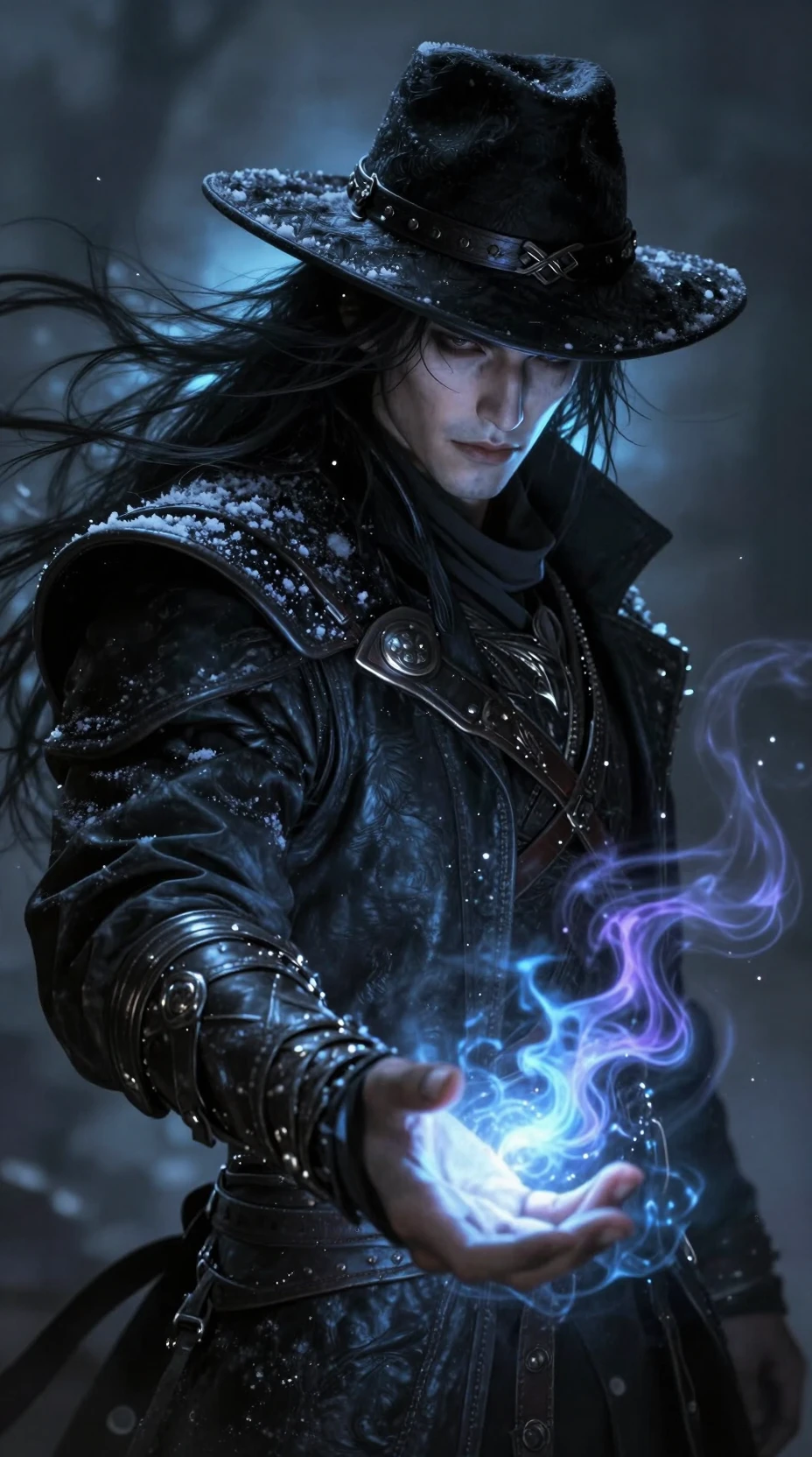 Retrato de mago de fantasía con energía mágica azul gélida