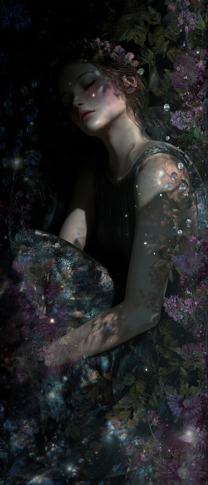 Surreal floral dreamscape in deep vivid romantic colors