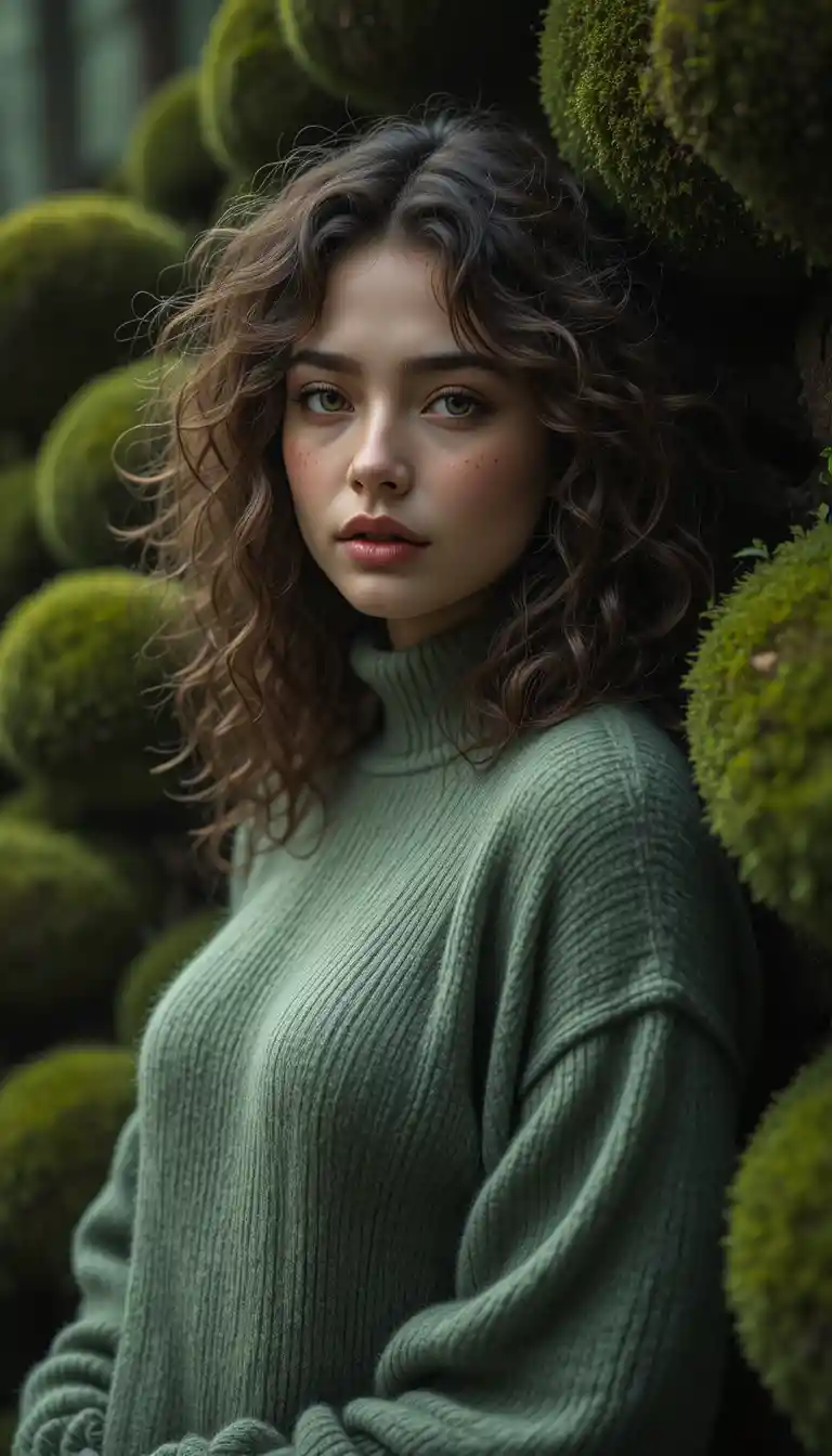 Contemplative woman in moss filled green forest portrait