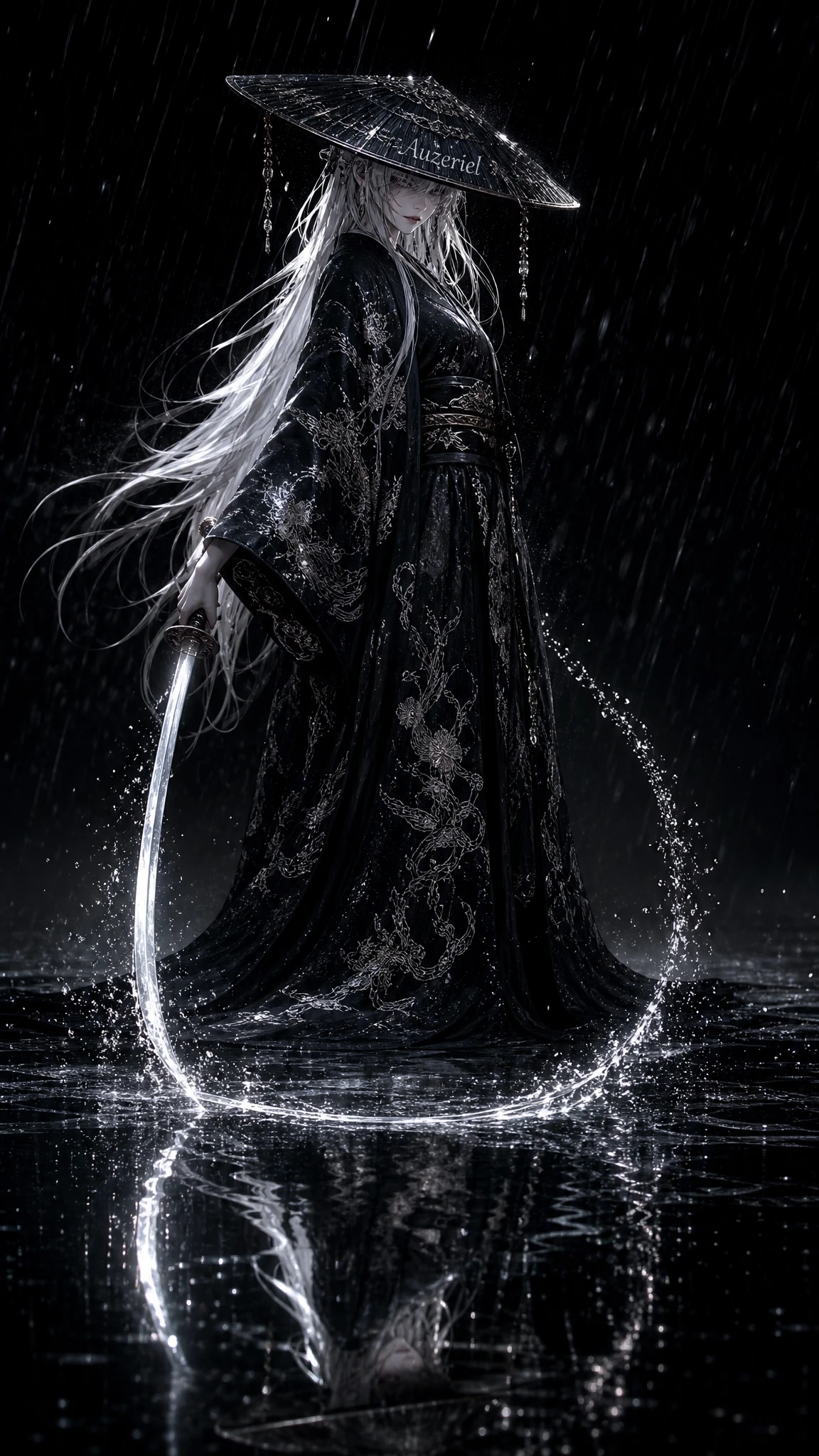Elegant warrior woman in black kimono standing in rain