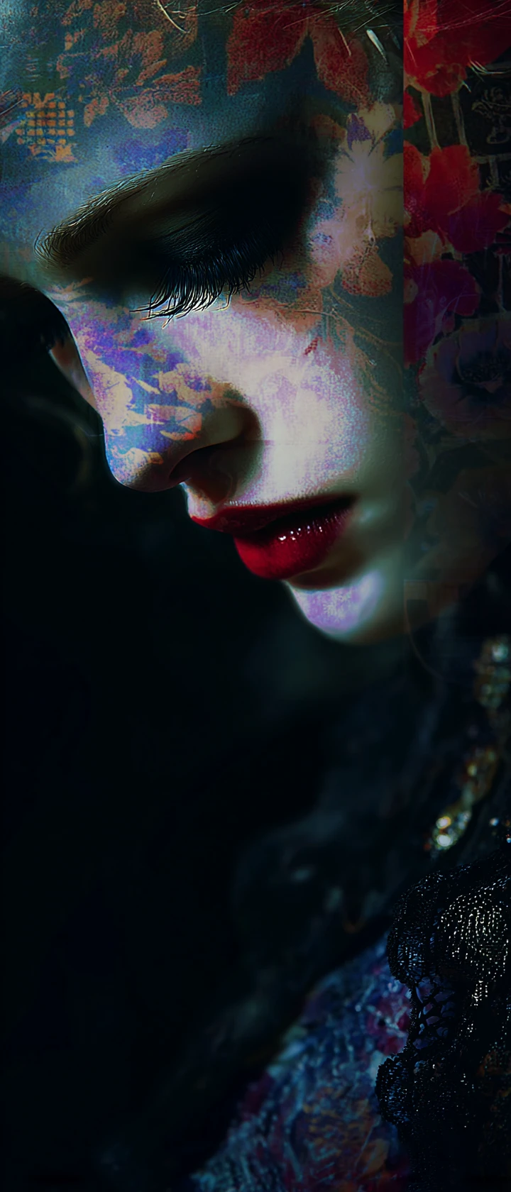 Dreamlike floral collage in a vivid nocturnal dreamscape
