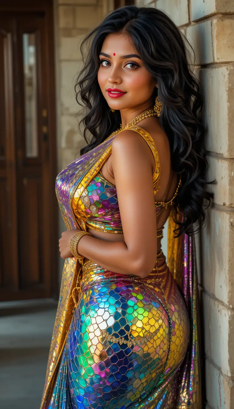 Donna indiana in sari a specchio lucido appoggiata in stanza rustica
