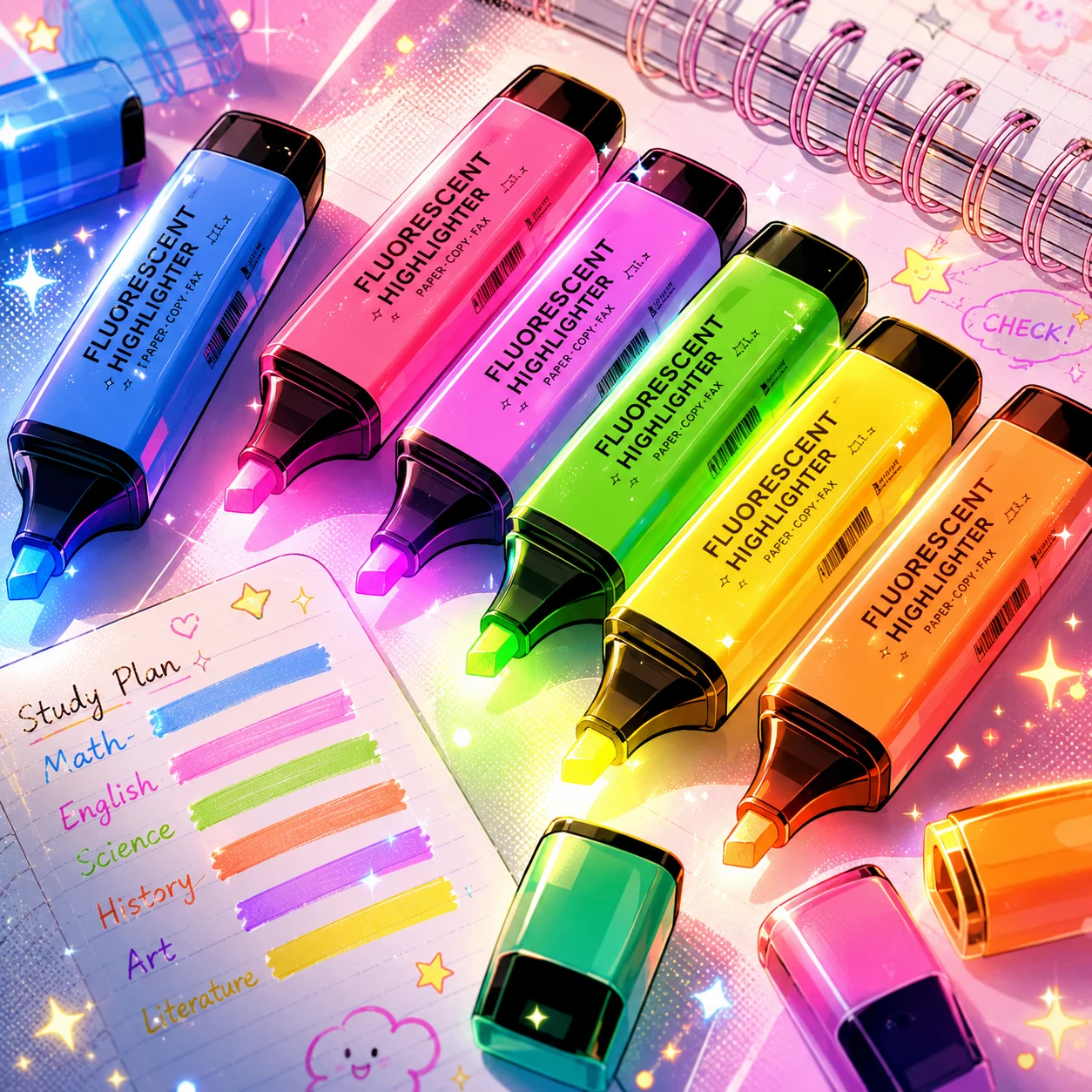 Colorful neon markers on a glowing white desk