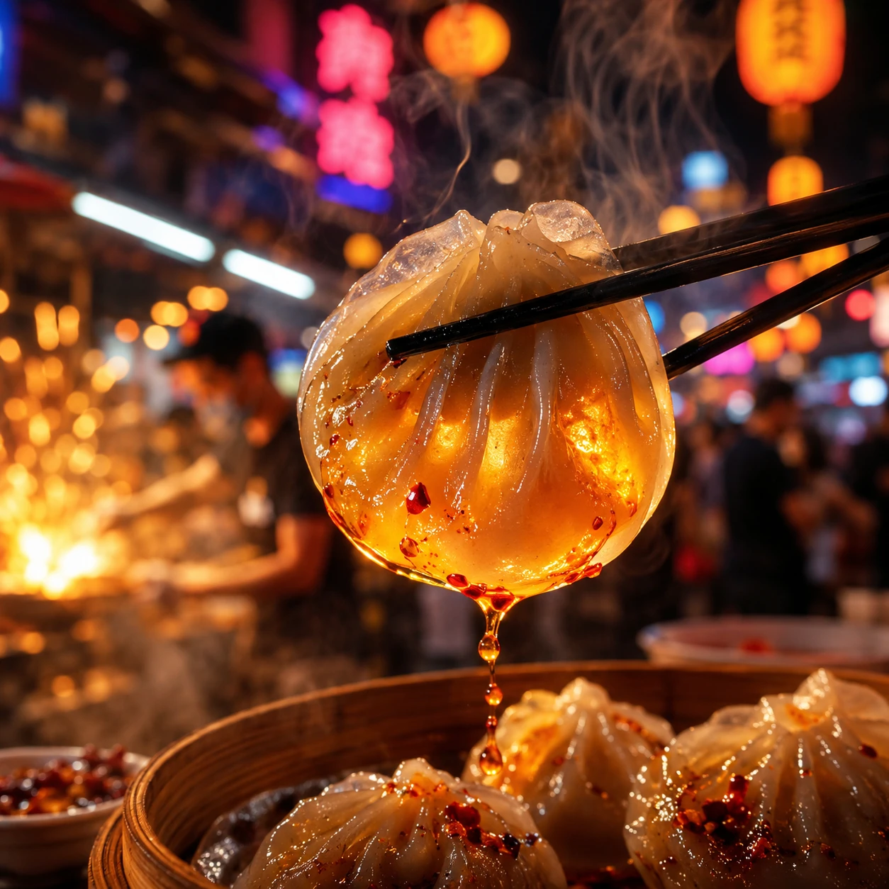Dumpling brillante levantado con palillos en un mercado nocturno