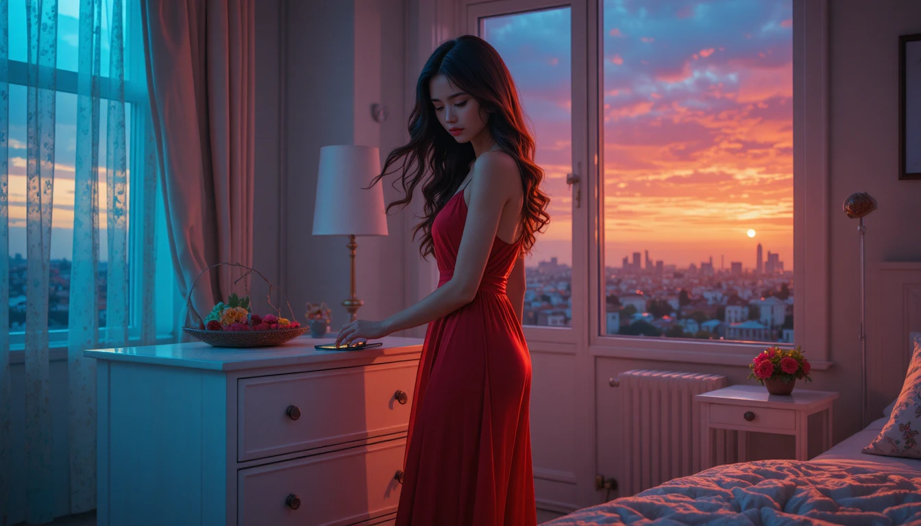 Giovane donna in camicia da notte rossa che guarda un telefono che squilla