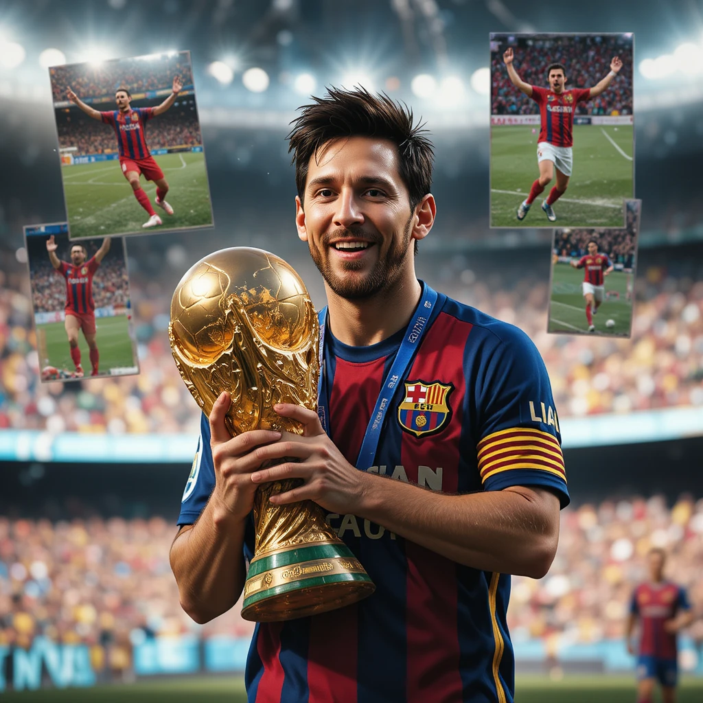 Soccer champion lifting the World Cup trophy in celebration