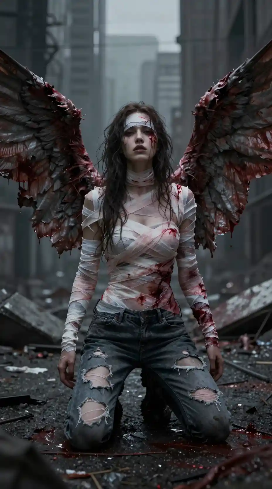 Fallen angel woman kneeling in a ruined dystopian city