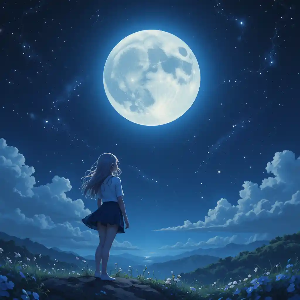Anime girl gazing at the moon under a starry night sky