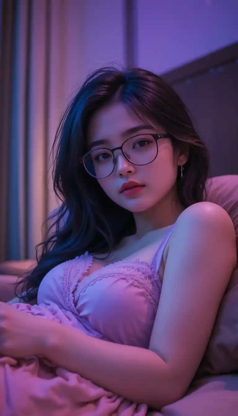 Young woman with glasses lying in softly lit bedroom