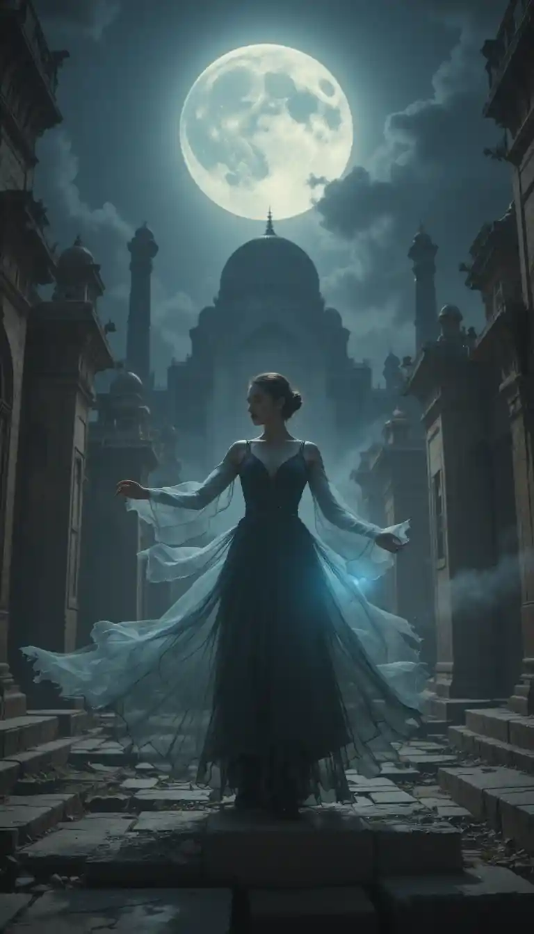 Ragazza spettrale che danza tra antichi mausolei del Cairo di notte
