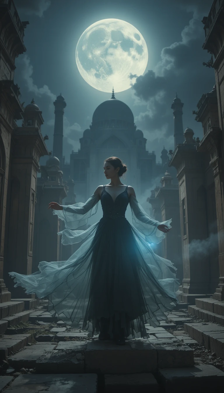 Ghostly girl dancing among ancient Cairo mausoleums at night