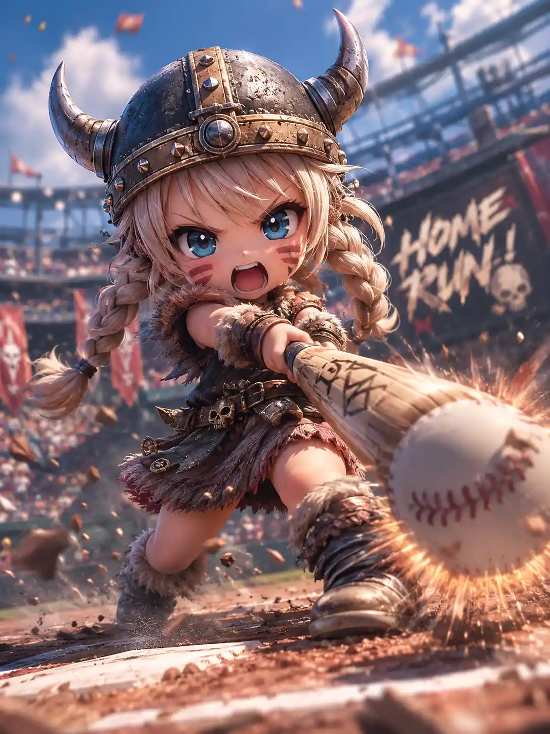 Chibi viking anime girl smashing a baseball in action