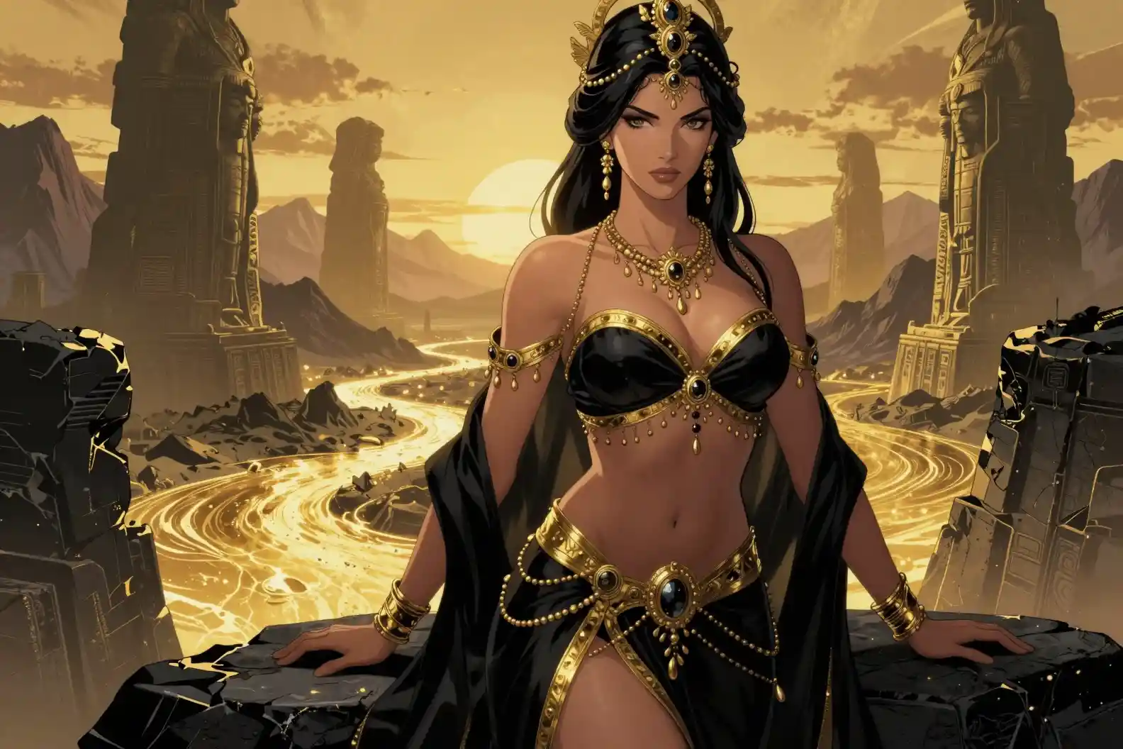 Regal dark queen standing over ancient obsidian ruins