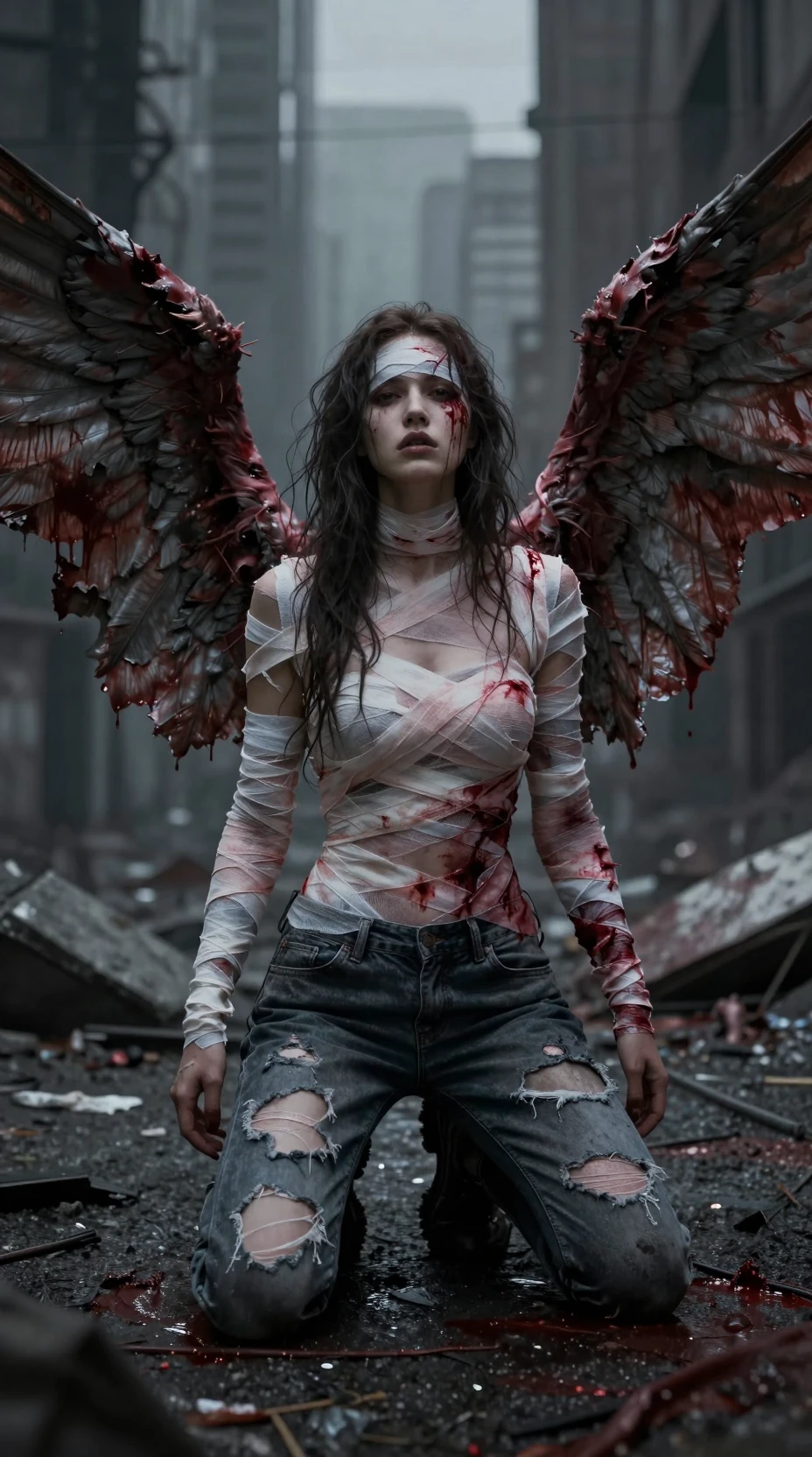 Fallen angel woman kneeling in a ruined dystopian city