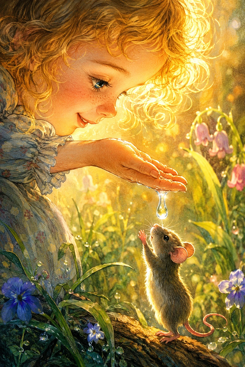 Dulce niña compartiendo una gota de rocío brillante con un pequeño ratón