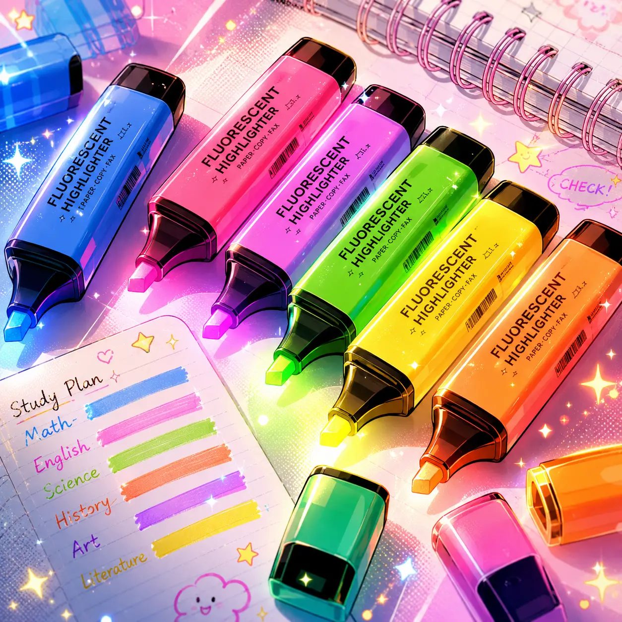 Bunte Neonmarker auf einem leuchtenden weißen Schreibtisch