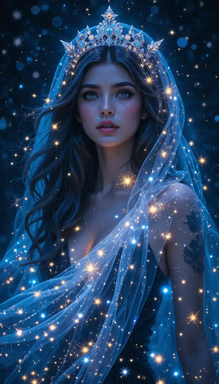 Rainha mística da noite em um manto de estrelas brilhantes
