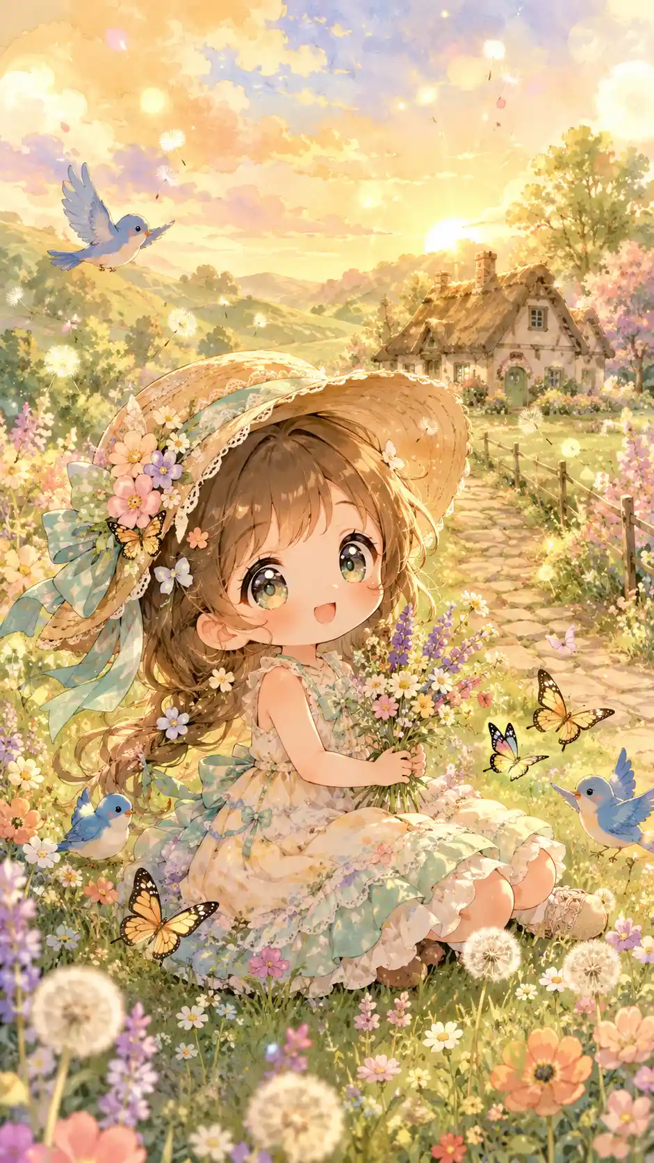 Cute anime girl resting in a golden meadow