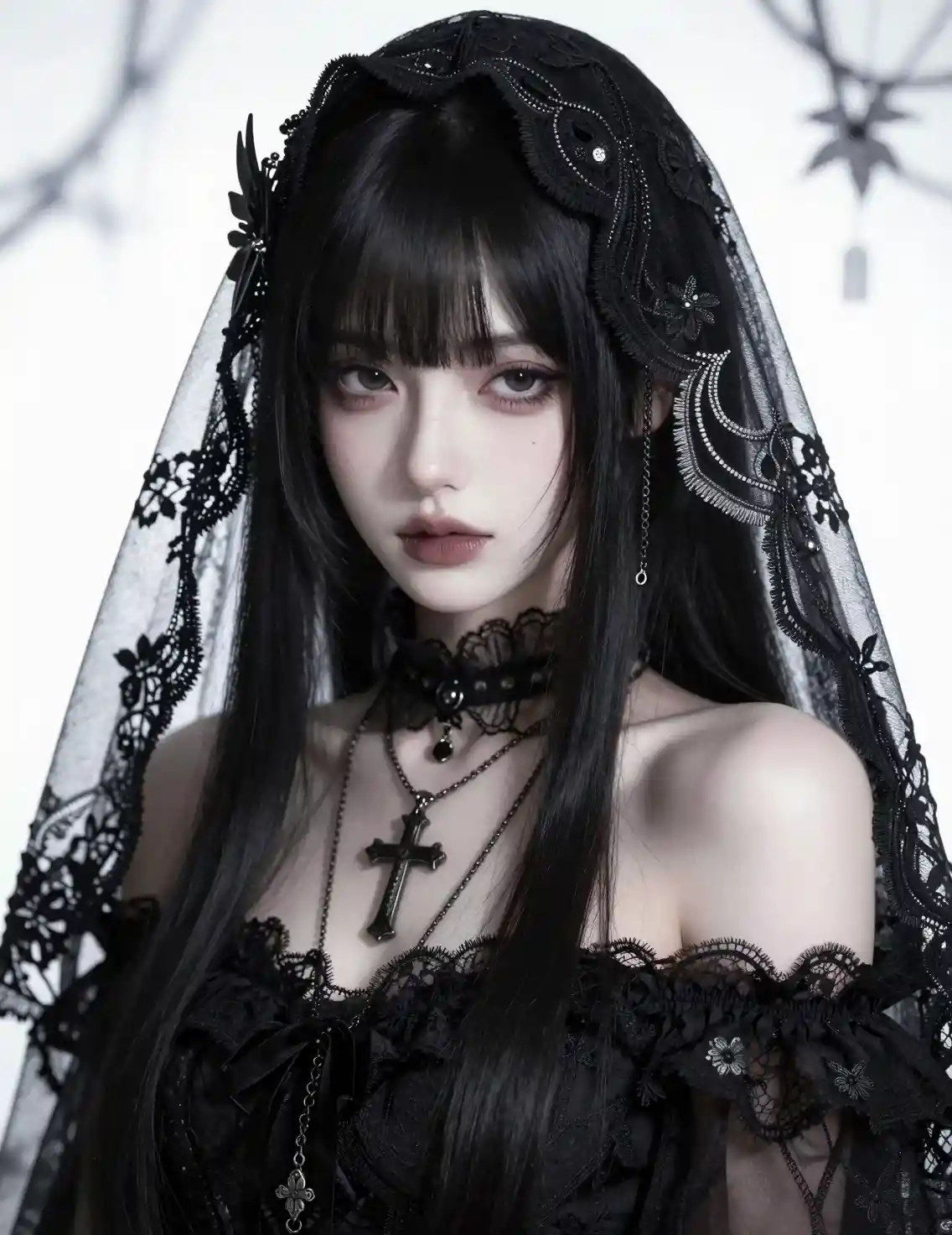 Somber girl portrait in gothic lace and cross jewelry