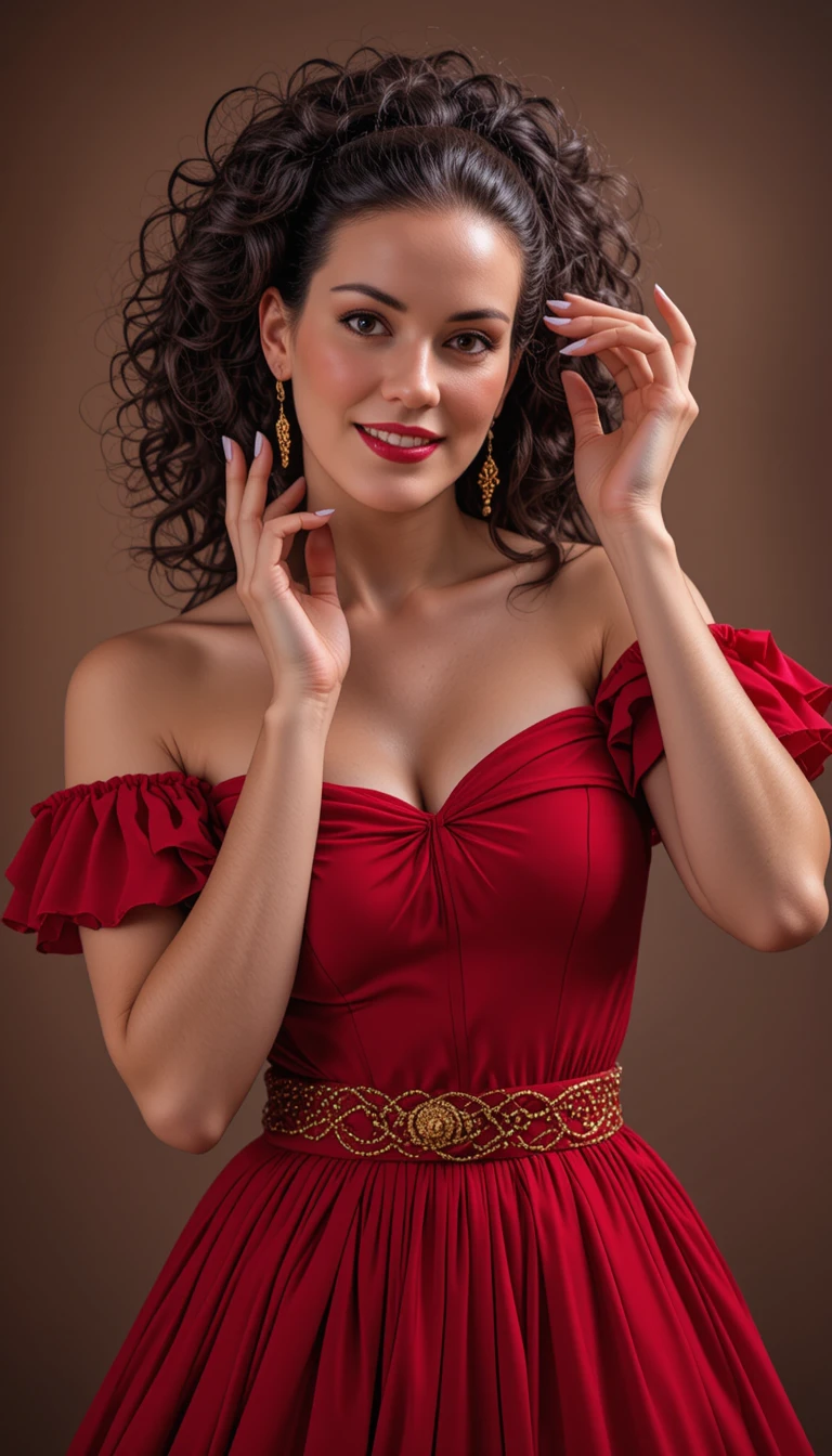 Elegant woman in red dress with voluminous dark curls
