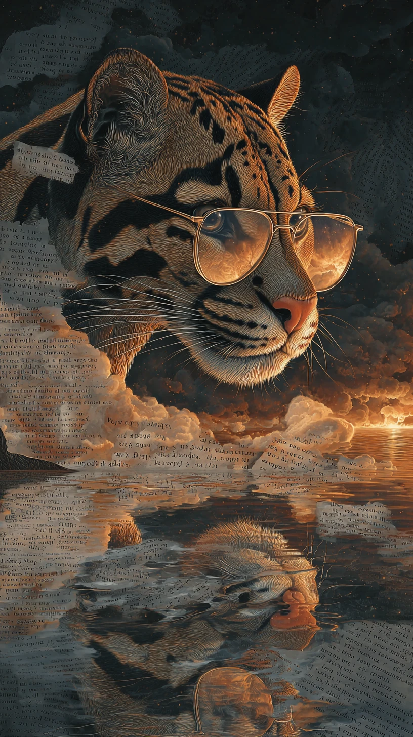 Leopardo nublado disolviéndose en escritura y páginas rasgadas