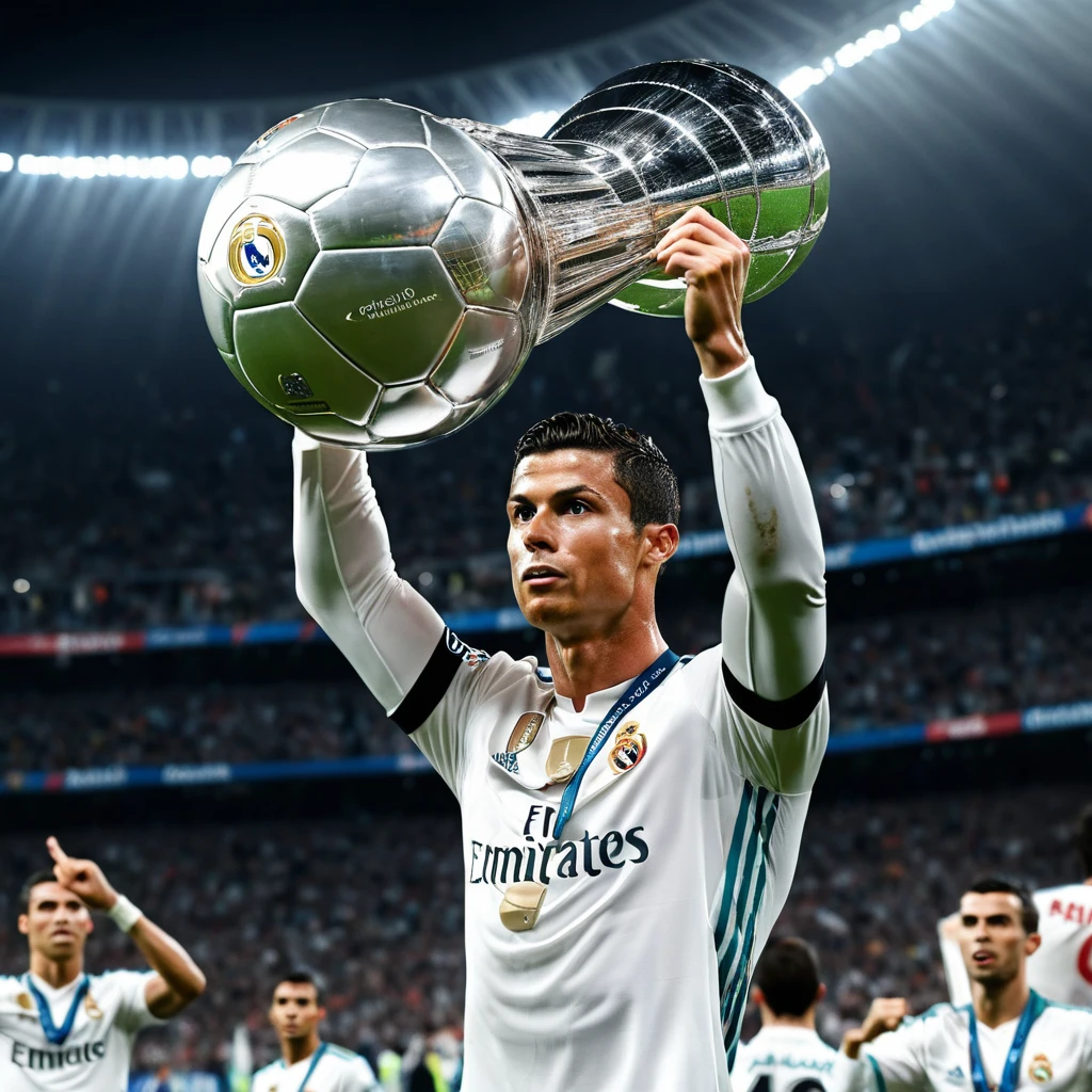 Soccer star lifting the champions league trophy in celebration