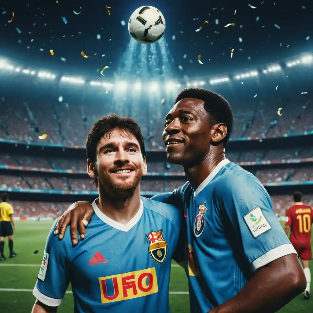 Futbolistas legendarios bajo las luces del estadio de noche bajo la lluvia