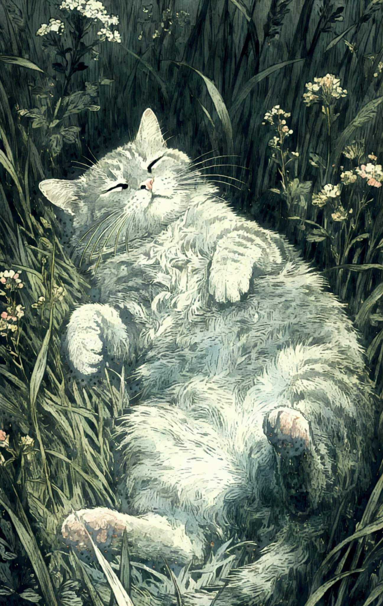 Gato descansando panza arriba en un prado de flores silvestres
