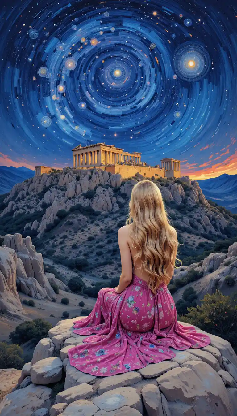 Girl on a rock overlooking the glowing Greek acropolis