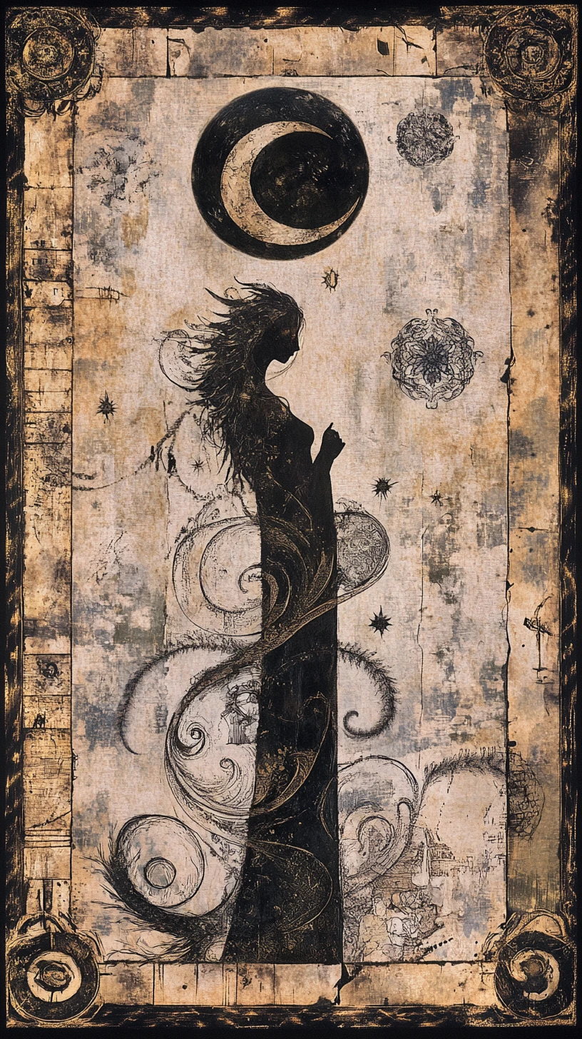 Refined figure framed by floating archival fragments and symbols
