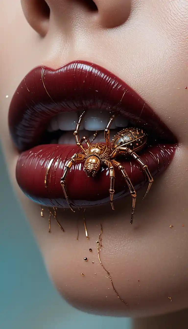 Surreal burgundy lips with jeweled spider accent detail