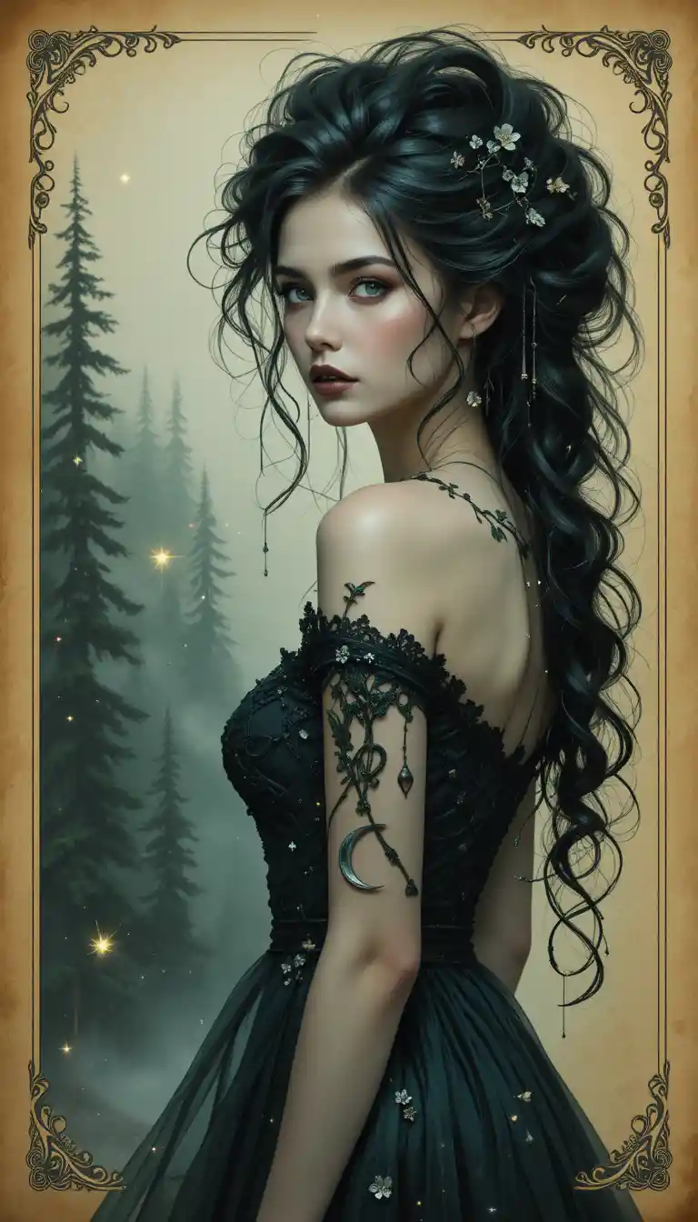 Gothic fantasy girl looking back with moonlit hair adornments
