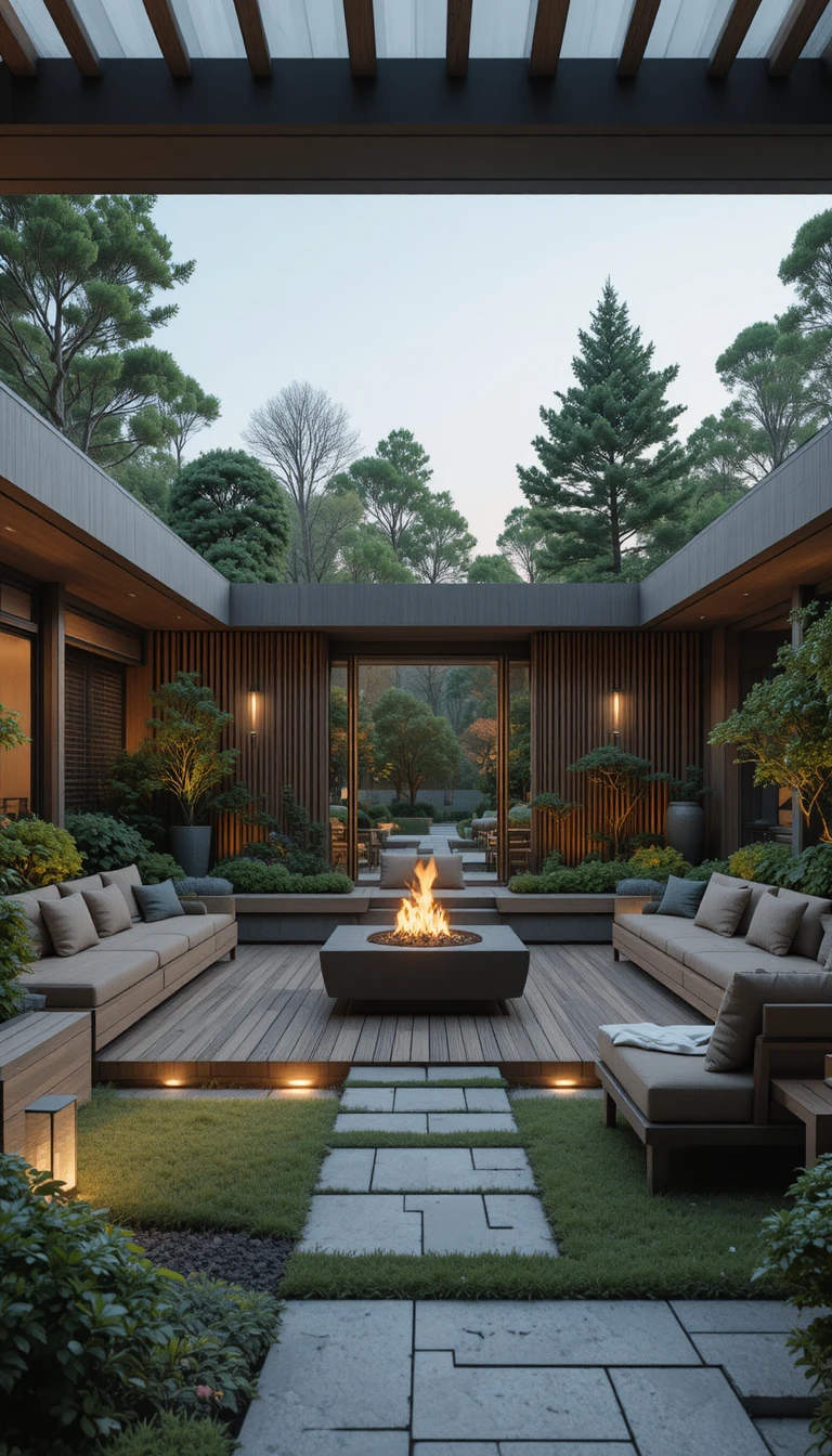 Modern landscaped courtyard with fire pit and wood terrace
