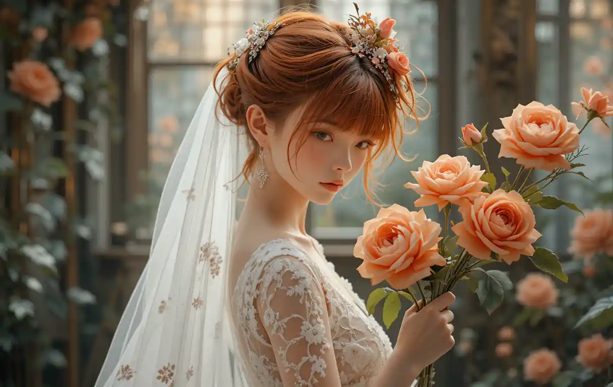 Anime bride in profile holding an orange rose bouquet