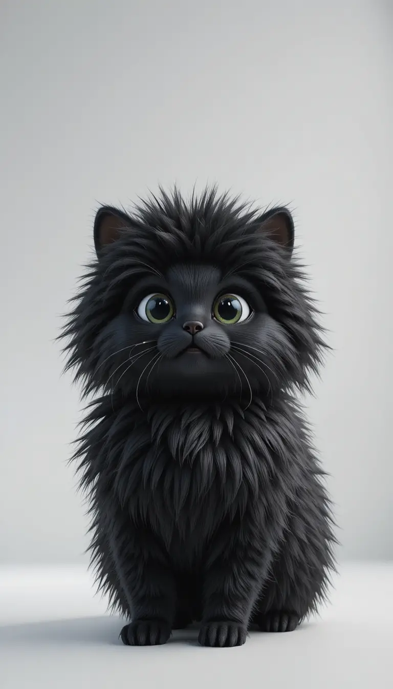 Fluffy black creature in a minimalist white room close up