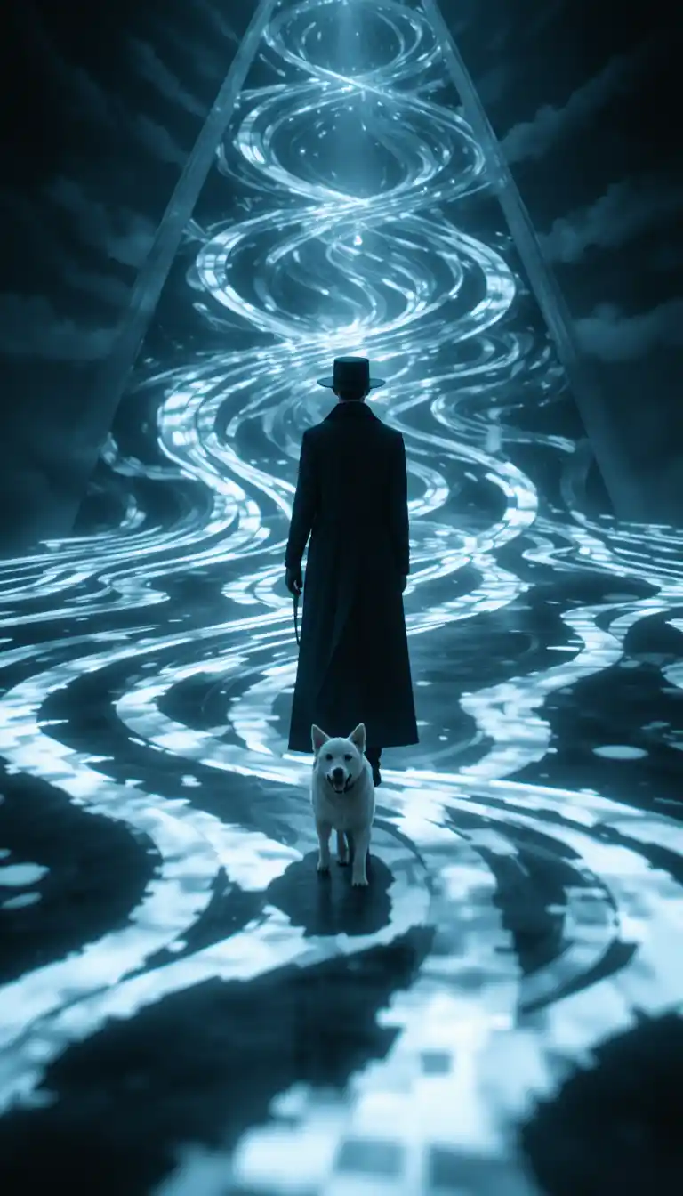 Mysterious man walking a white dog through projected light