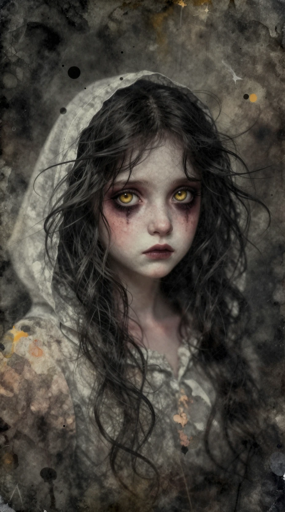 Melancholic anime girl in ghostly hood with golden eyes