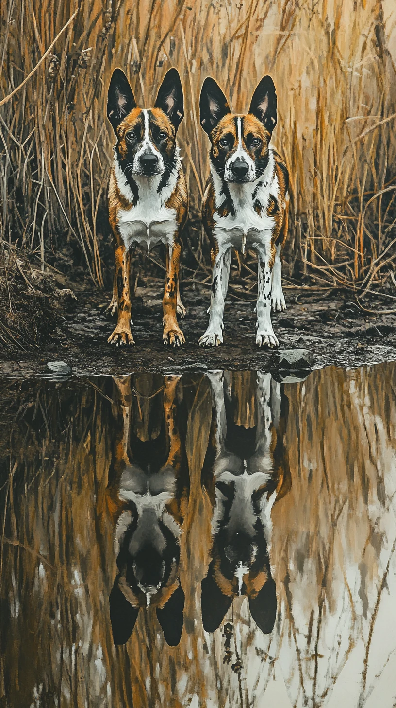 Painted wild dogs standing in calm shallow reflective water